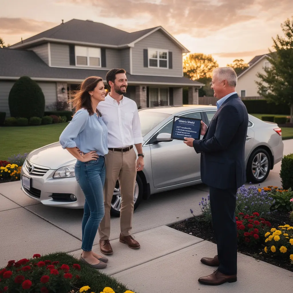Uśmiechnięty kierowca z dokumentami ubezpieczeniowymi w ręku.