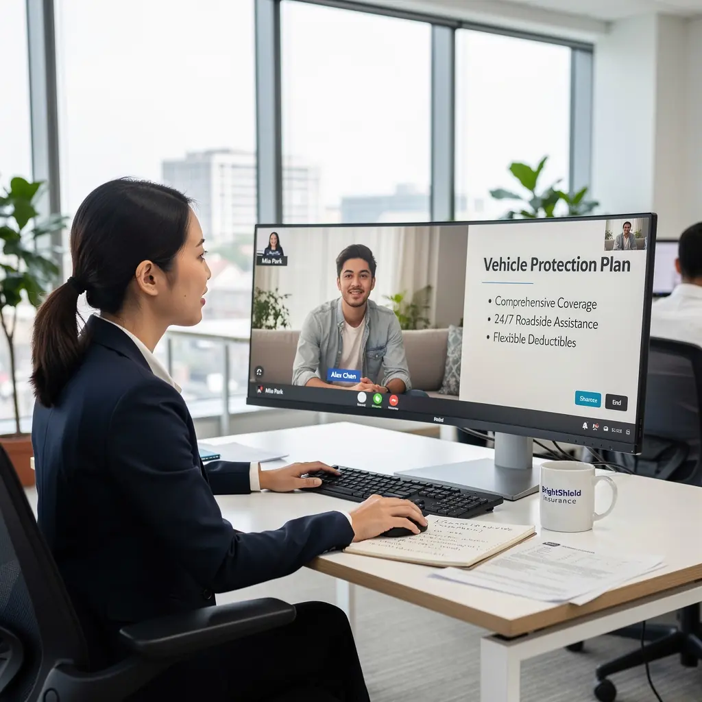 Plakaty promujące plany ochrony pojazdów z uśmiechniętymi rodzinami w samochodach.
