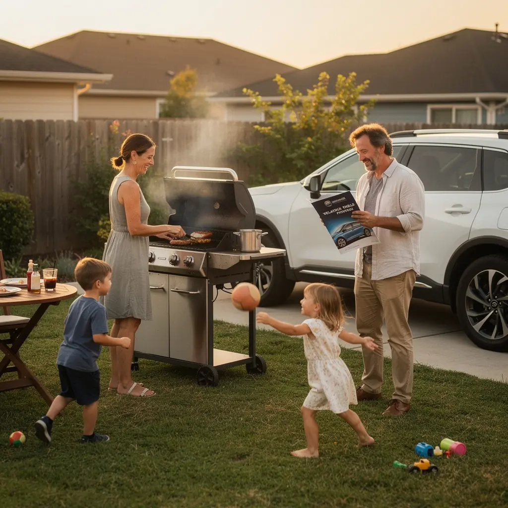 Ilustracja przedstawiająca rodzinę zadowoloną z nowego ubezpieczenia samochodowego.
