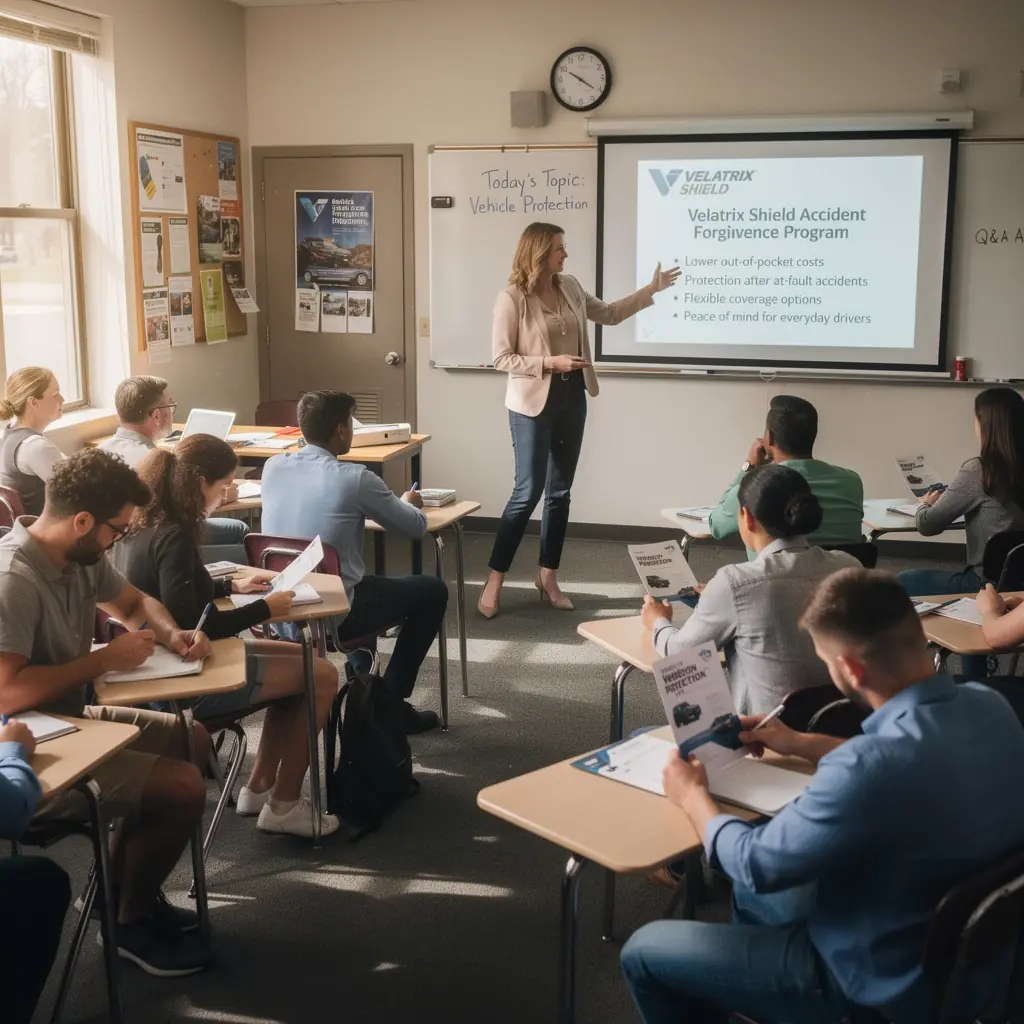 Obrazek pokazujący samochód z napisem "Pełna ochrona" na tle krajobrazu.